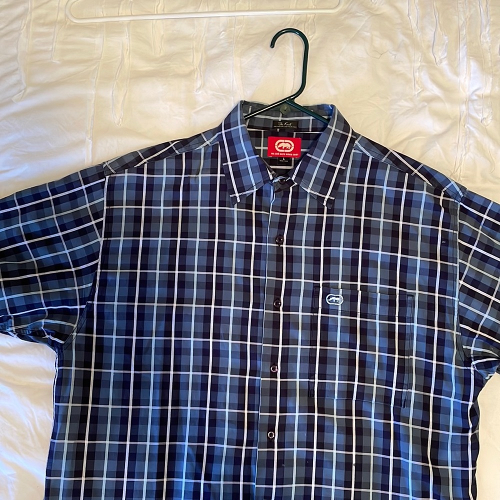 Plaid multicolored blues short sleeve button down